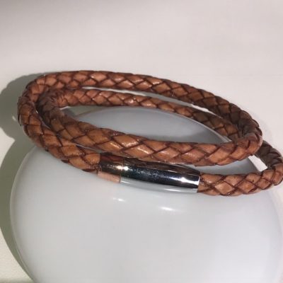Bracelet cuir tressé brun double tour
