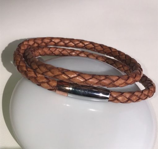 Bracelet cuir tressé brun double tour